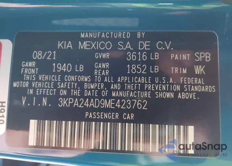 2021 Kia Rio S z USA, uszkodzony, nr VIN 3KPA24AD9ME423762